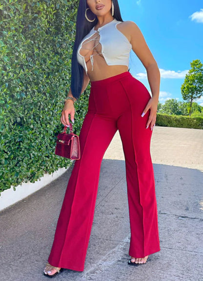 Pantalon large décontracté de couleur unie pour femme