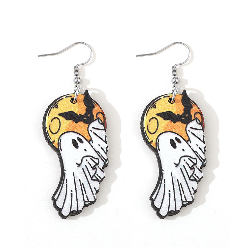 Halloween Women Double-Sided Wooden Earrings with Cartoon Creatures