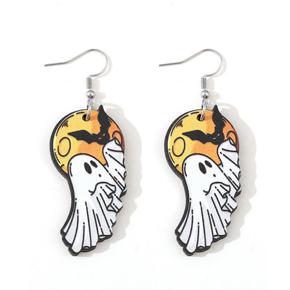 Halloween Women Double-Sided Wooden Earrings with Cartoon Creatures