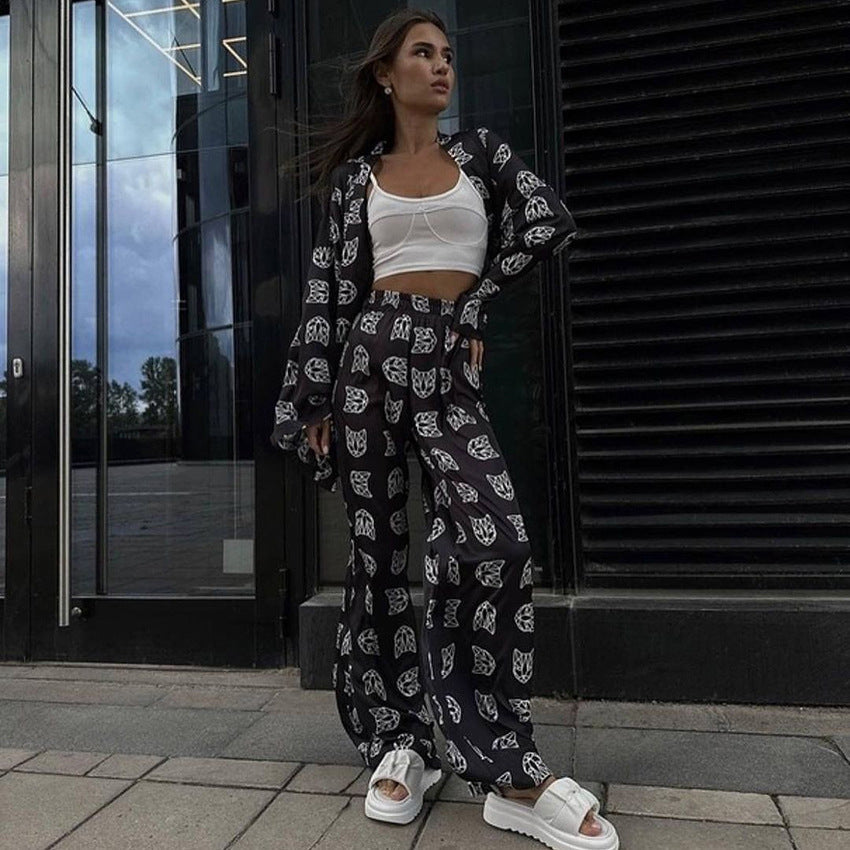 Women Loose Casual Fashion Printed Silk Pajamas Set