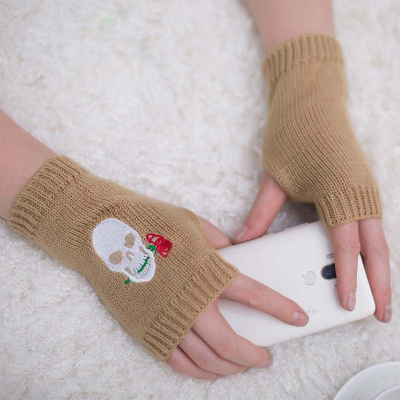 Halloween Autumn Winter Wool Embroidered Skull Gloves