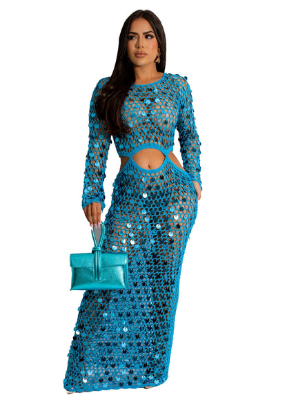 Women Sexy Handmade Knit Cutout Sequin Beach Dress