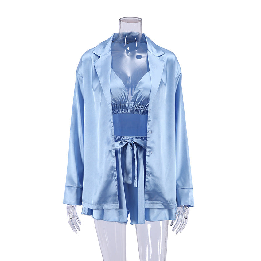 Women Fashion Sexy Silk Satin Pajamas Home Suit