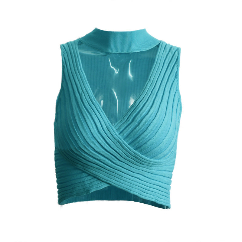 Top corto sexy de color sólido con cuello para mujer