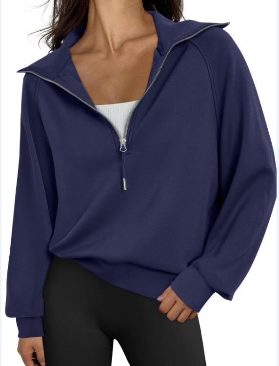 Women Half Zipper Fleece-Lined Solid Color Sweatshirt