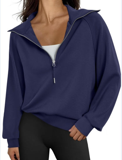 Women Half Zipper Fleece-Lined Solid Color Sweatshirt