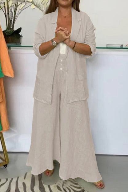 Fashion Cotton And Linen Lapel Cardigan Set