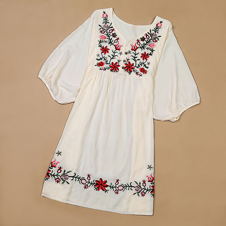 Women Casual Boho Floral Embroidered V-Neck Short-Sleeve Dress