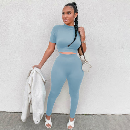 Ensemble deux pièces décontracté pour femme, haut court et pantalon en élasthanne, couleur unie