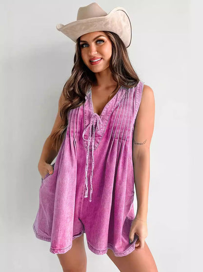 Combinaison en jean ample sans manches à col en V et couleur unie pour femme