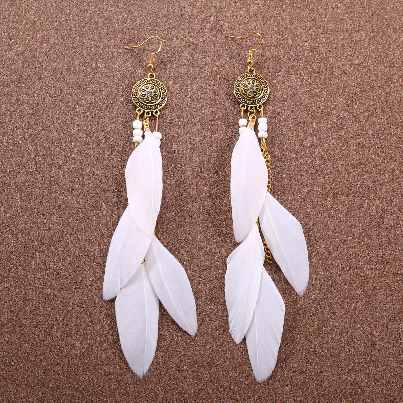 Boucles d'oreilles à pompons et plumes de style ethnique bohème rétro