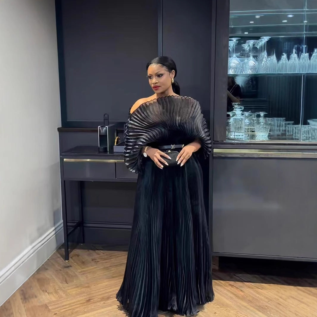 African Women Fashion Elegant Solid Color Pleated Dress
