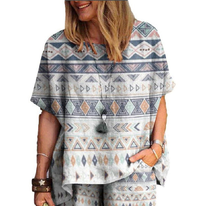 Women's Fashion Geometric Fawn Cotton and Linen Two-Piece Set