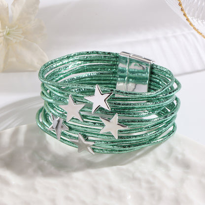 Women Fashion Creative Multi-Layer Five-Pointed Star Leather Bracelet