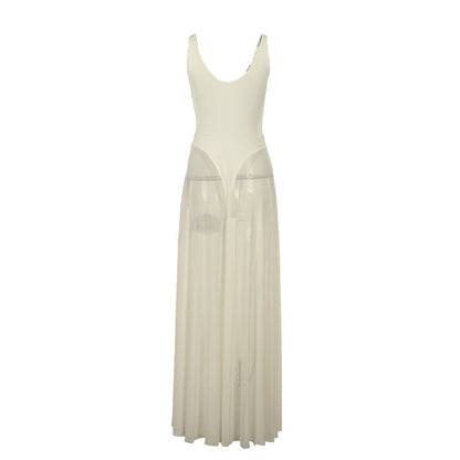Women Elegant Mesh V-Neck Sleeveless Dress Polyester Slim Fit