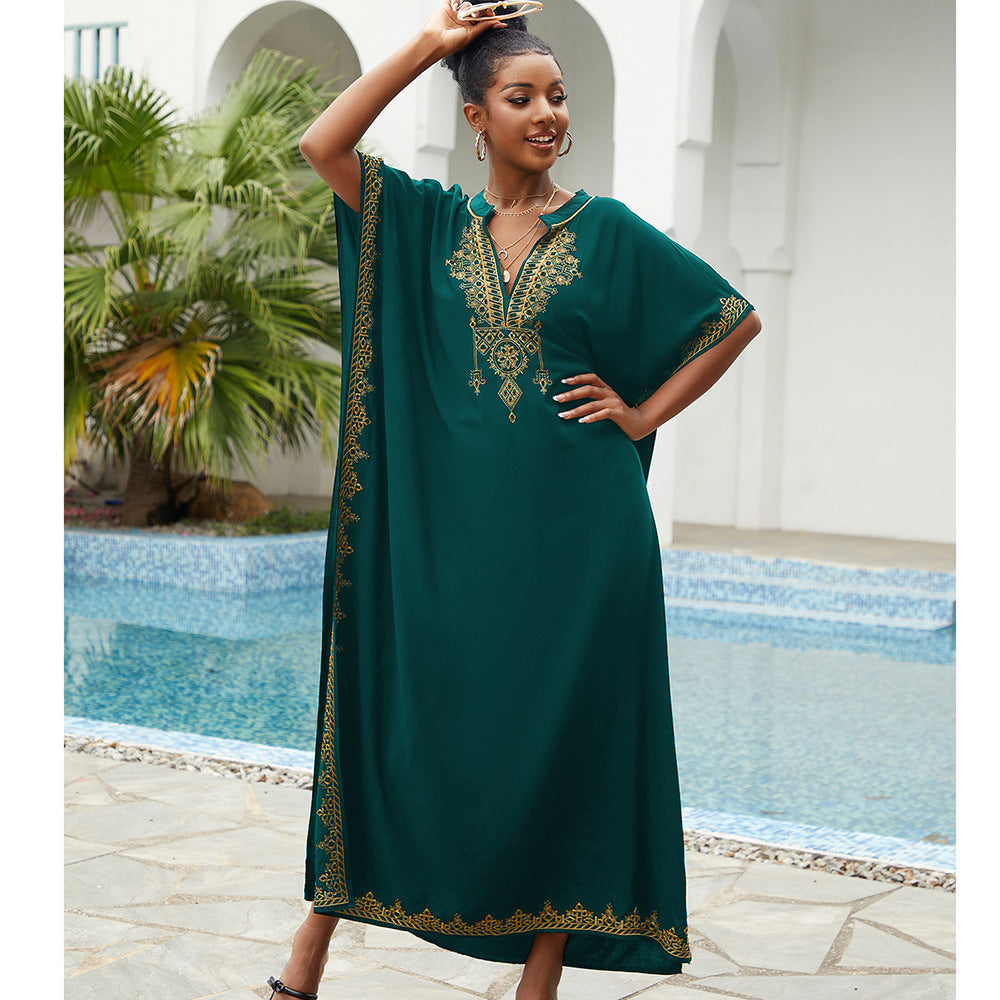 Vestido playero bohemio informal con cuello en V bordado para mujer