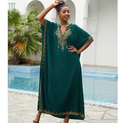 Vestido playero bohemio informal con cuello en V bordado para mujer