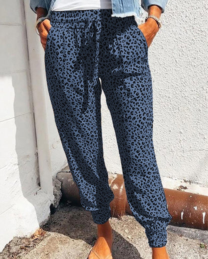 Women Fashion Casual Leopard Loose Lace-Up Pants