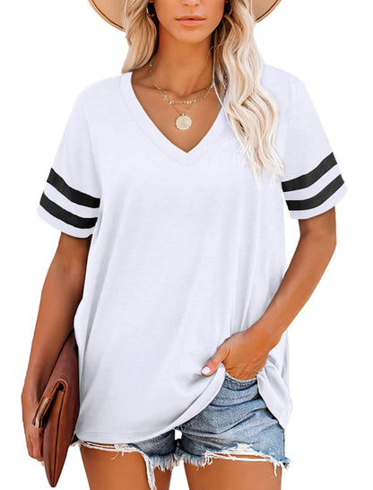 Camiseta de verano para mujer, sencilla, de rayas, con cuello en V y manga corta en blanco