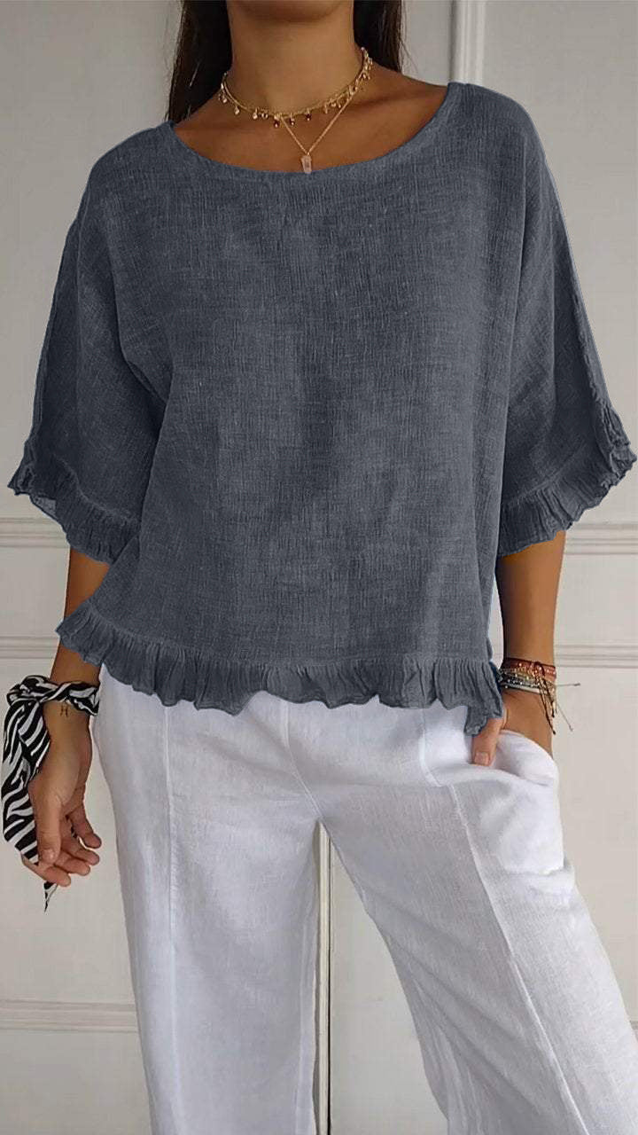 Camisa informal de lino y algodón de color liso para mujer