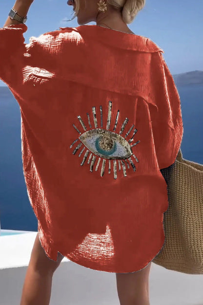 Camisa informal de verano para mujer con estampado de mal de ojo en la espalda