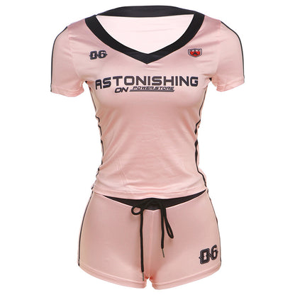 Conjunto de dos piezas de camiseta informal de manga corta con cuello en V y estampado digital para mujer