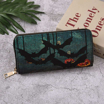 Monederos con cremallera multicapa con estampado de calabaza y murciélago de Halloween para mujer