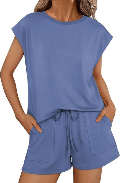 Conjunto informal de dos piezas para mujer, color liso, cuello redondo y manga corta