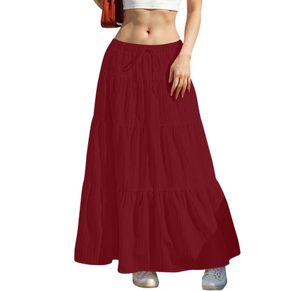 Women Casual Solid Color Drawstring Maxi Skirt with Splice Design