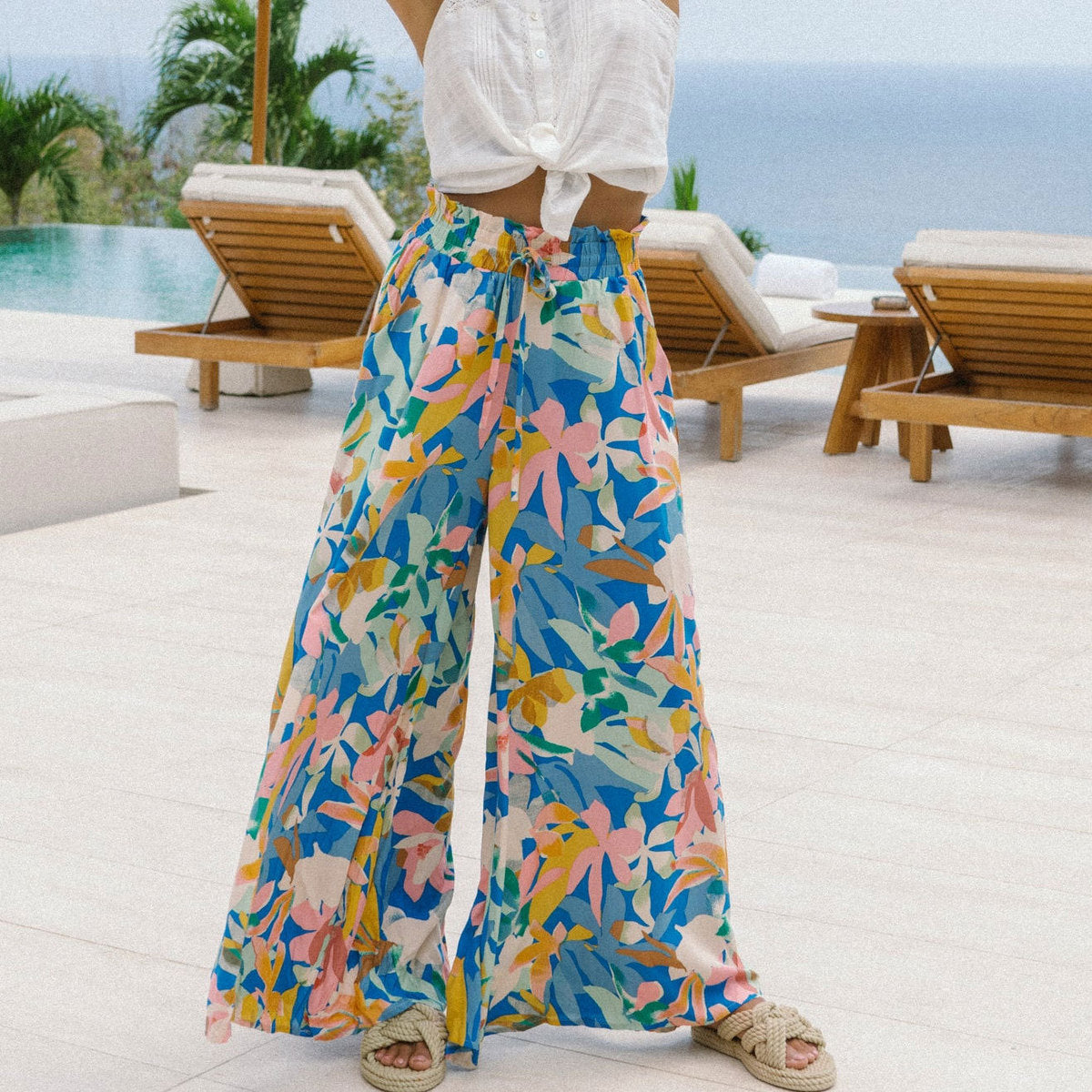 Pantalon large décontracté à imprimé floral style bohème pour femme