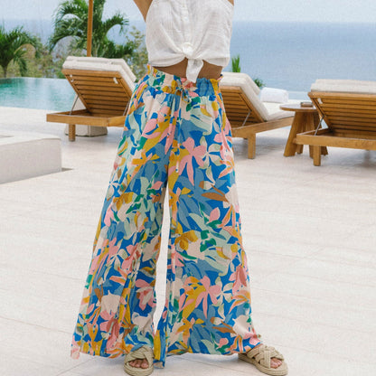 Pantalon large décontracté à imprimé floral style bohème pour femme