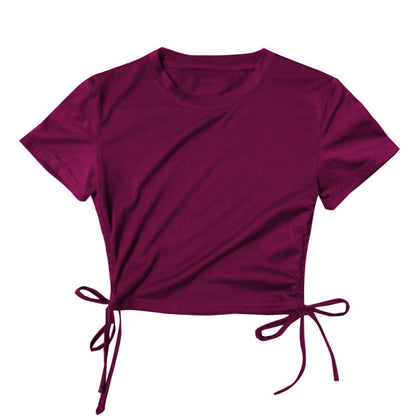 Top corto de manga corta con cordón ajustable, sexy, de color liso, a la moda para mujer