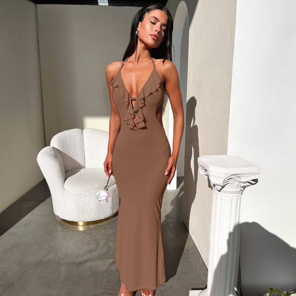 Women Fashion Sexy Solid Color Ruffled Dress