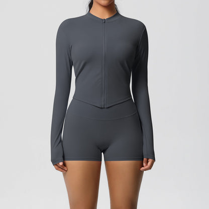 Ensemble haut à manches longues et short de yoga pour femme, couleur unie