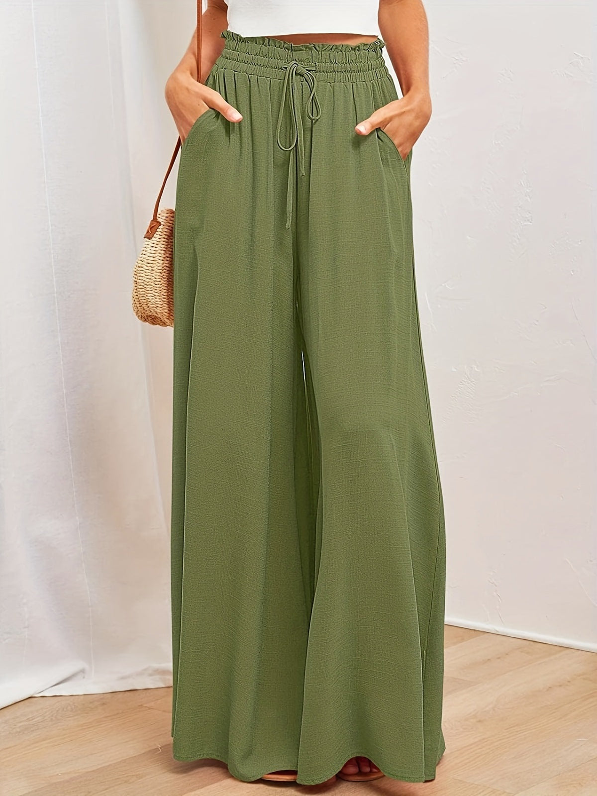 Women Fashion Casual Loose Solid Color Drawstring Pants