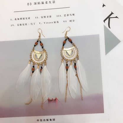 Women Bohemian Hollow Beads Feather Alloy Earrings