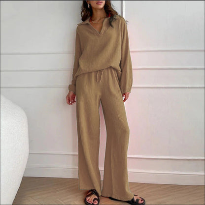 Conjunto de dos piezas con escote en V y color liso para mujer