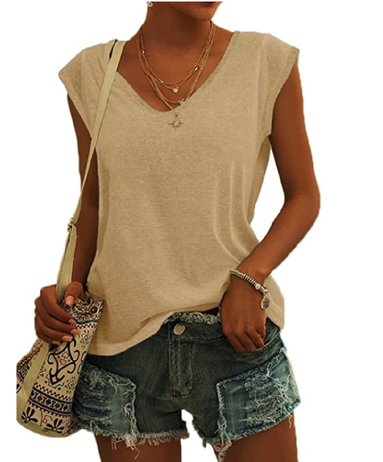 Camiseta sencilla de verano para mujer, color liso, con cuello en V