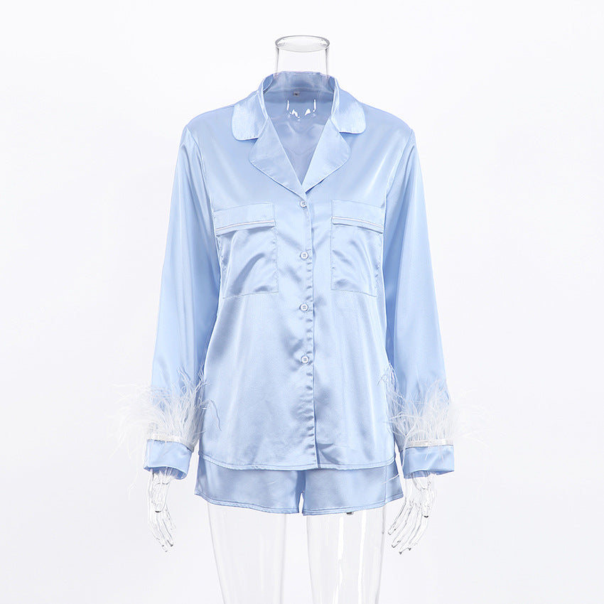 Women Fashion Loose Satin Ice Silk Long Sleeve Pajamas Set