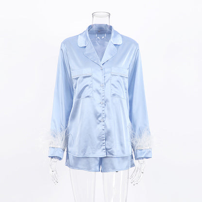 Women Fashion Loose Satin Ice Silk Long Sleeve Pajamas Set