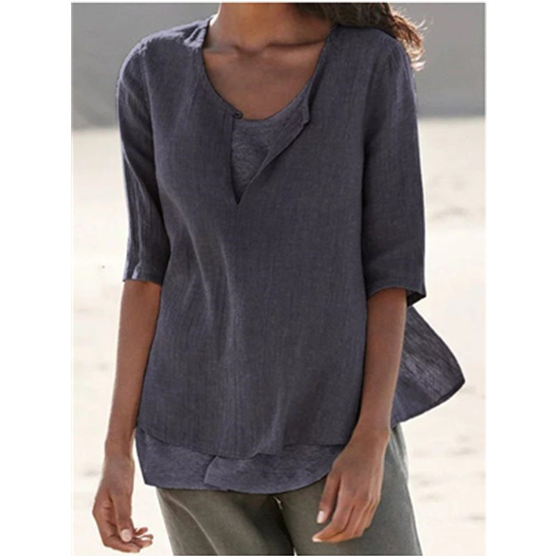 Blusa informal de lino con cuello en V y color liso para mujer