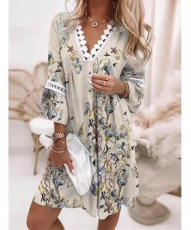 Vestido elegante de primavera bohemio para mujer, de manga larga, cuello en V y encaje con volantes