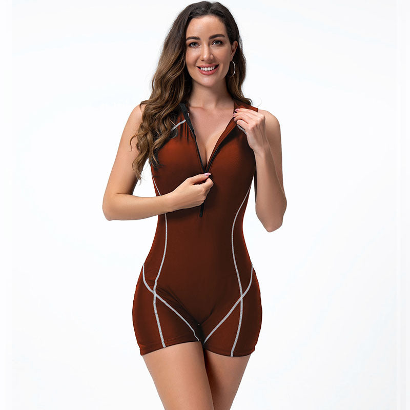 Traje de baño de una pieza con cremallera y sin mangas con bloques de color a la moda para mujer