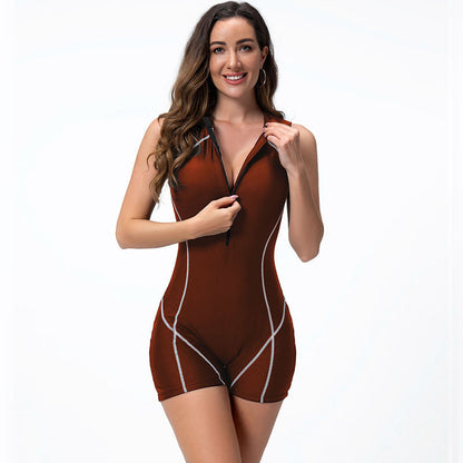 Traje de baño de una pieza con cremallera y sin mangas con bloques de color a la moda para mujer