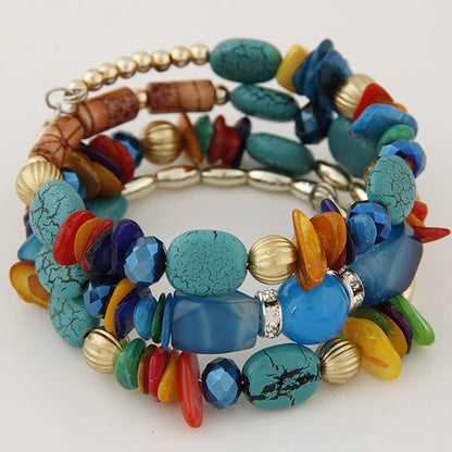 Women Fashion Boho Handmade Wooden Beaded Shell Gravel Crystal Multilayer Bracelet