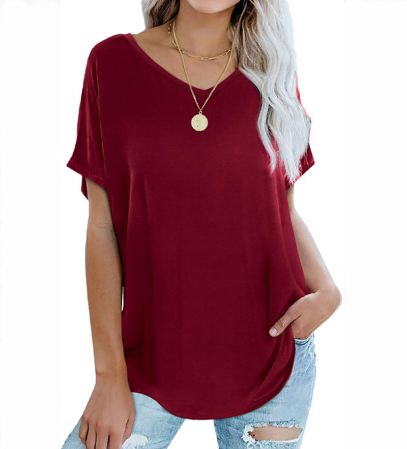Camiseta informal holgada de verano para mujer, con cuello en V y manga corta