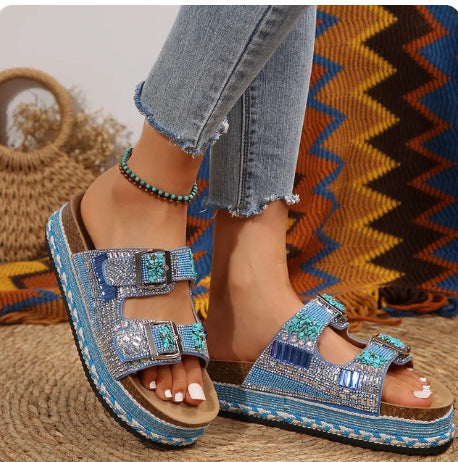 Pantuflas retro con doble hebilla y diamantes de imitación para mujer - Suela gruesa y cómoda