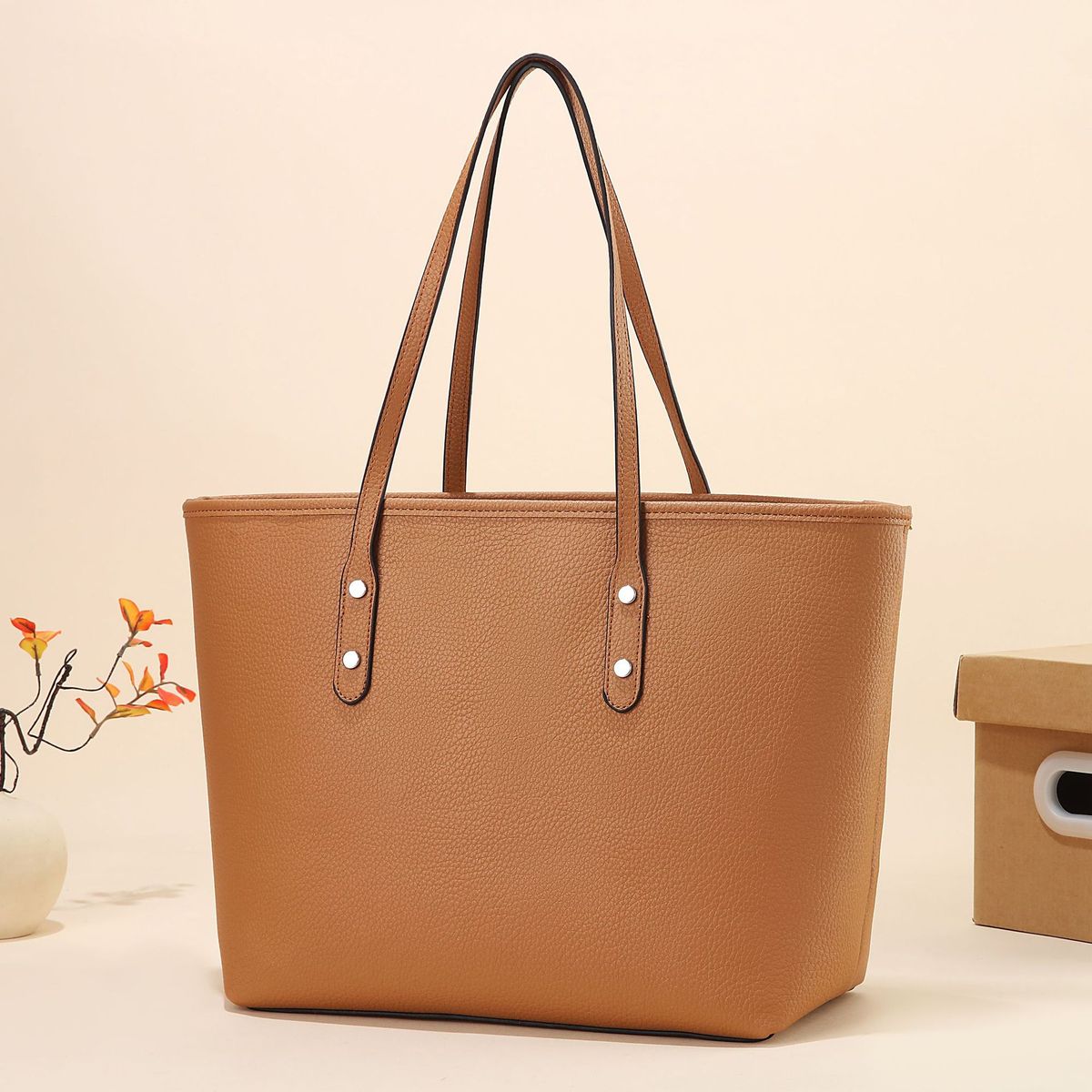 Simple Solid Color Large Capacity PU Tote Bag