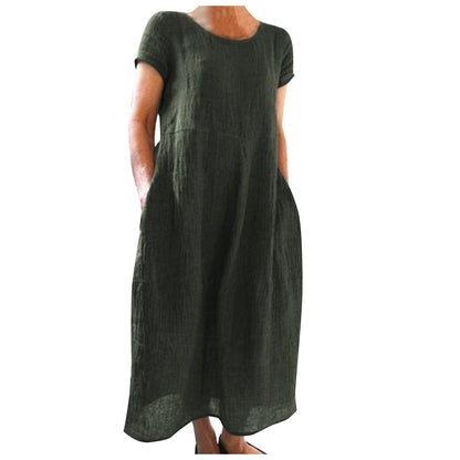 Vestido informal holgado de algodón y lino de color liso para mujer