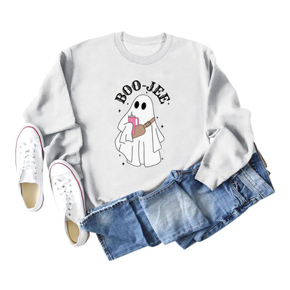 Sweat-shirt ras du cou imprimé fantôme de dessin animé pour femme Halloween